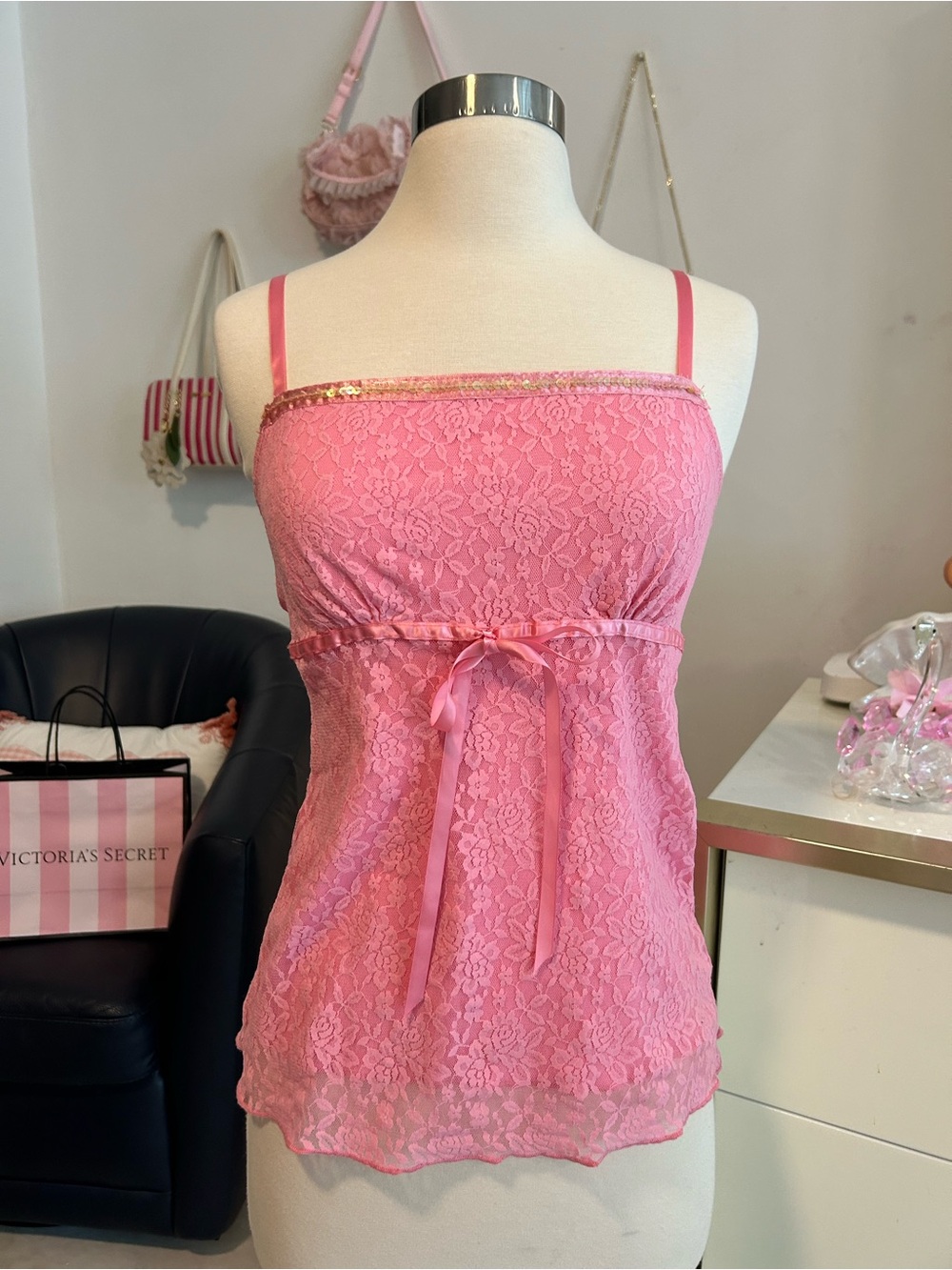 Y2K Vintage Pink Sequin Lace Bow-Trim Camisole